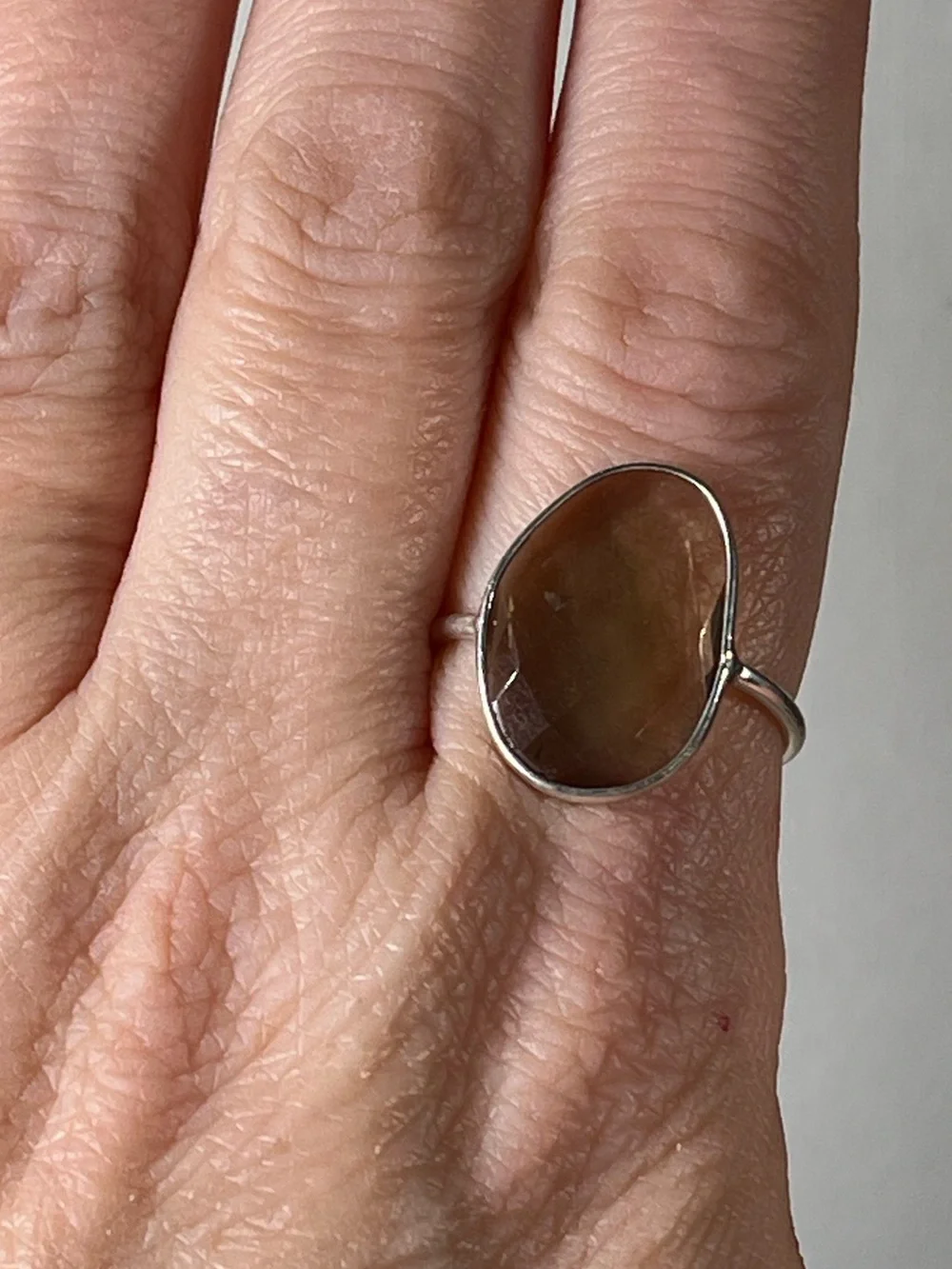 Solid Sterling Silver 925 Smokey Quartz Gemstone Flat Stacker Ring Size 8
